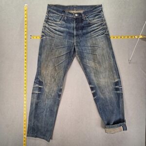 MFG Jeans Mens Selvedge Medium Wash Blue Tapered Whiskers Honeycomb Fits 30x28